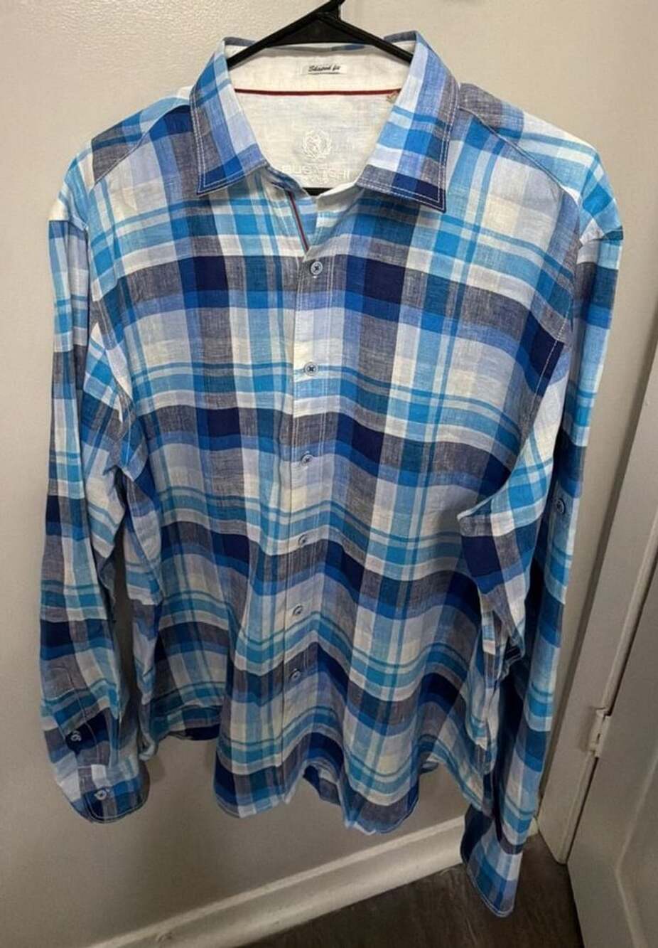 Bugatchi Uomo Men’s L 100% Linen Blue Plaid Shaped Fit Long Sleeve Shirt